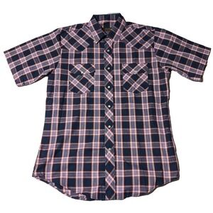 ROPER Pearl Snap Western Shirt Men Large Cotton Blend Wine Blue Plaid NEW